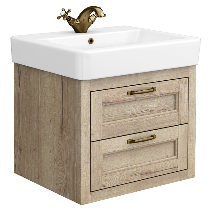 Chatsworth 560mm Wall Hung Vanity Unit – Natural Oak, 2 Drawers, Antique Brass Handles