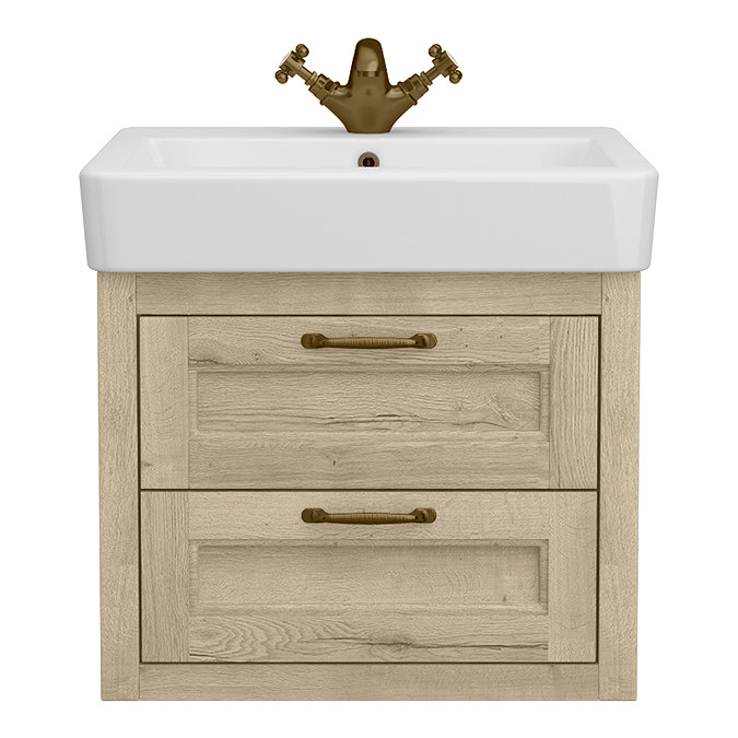 Chatsworth 560mm Wall Hung Vanity Unit – Natural Oak, 2 Drawers, Antique Brass Handles
