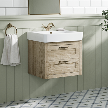 Chatsworth 560mm Wall Hung Vanity Unit – Natural Oak, 2 Drawers, Antique Brass Handles