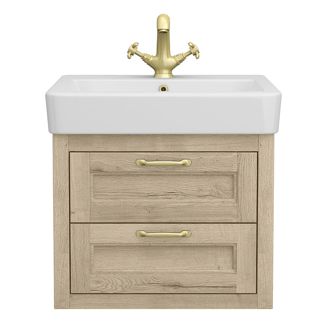 Chatsworth 560mm Wall Hung Vanity Unit – Natural Oak, 2 Drawers, Brushed Brass Handles