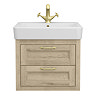 Chatsworth 560mm Wall Hung Vanity Unit – Natural Oak, 2 Drawers, Brushed Brass Handles