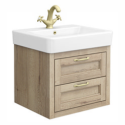Chatsworth 560mm Wall Hung Vanity Unit – Natural Oak, 2 Drawers, Brushed Brass Handles