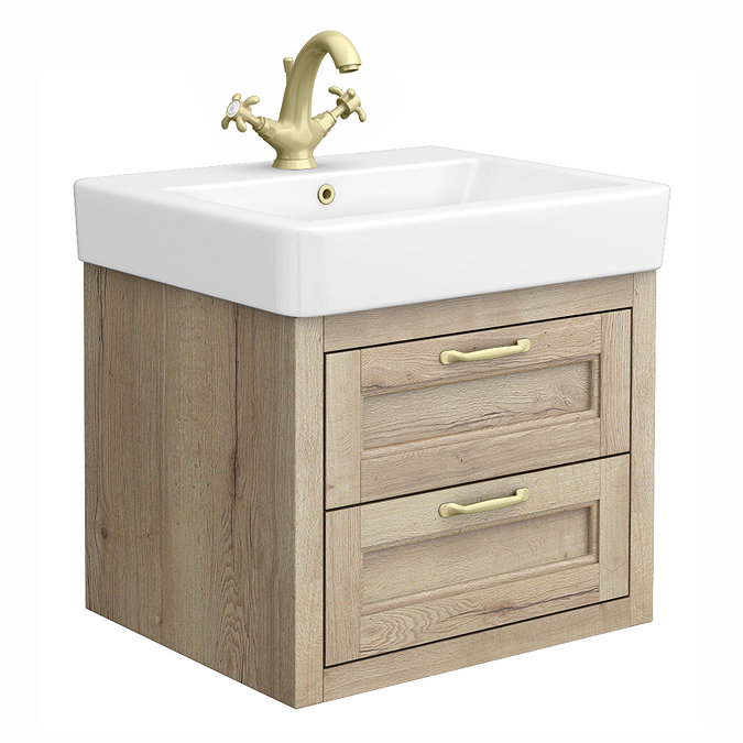 Chatsworth 560mm Wall Hung Vanity Unit – Natural Oak, 2 Drawers, Brushed Brass Handles