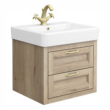 Chatsworth 560mm Wall Hung Vanity Unit – Natural Oak, 2 Drawers, Brushed Brass Handles
