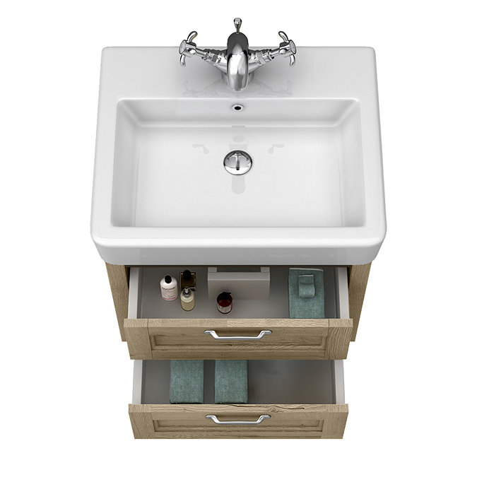 Chatsworth 560mm Wall Hung Vanity Unit – Natural Oak, 2 Drawers, Chrome Handles