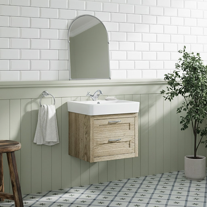 Chatsworth 560mm Wall Hung Vanity Unit – Natural Oak, 2 Drawers, Chrome Handles