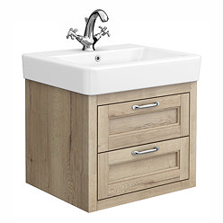 Chatsworth 560mm Wall Hung Vanity Unit – Natural Oak, 2 Drawers, Chrome Handles