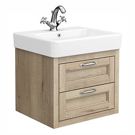 Chatsworth 560mm Wall Hung Vanity Unit – Natural Oak, 2 Drawers, Chrome Handles