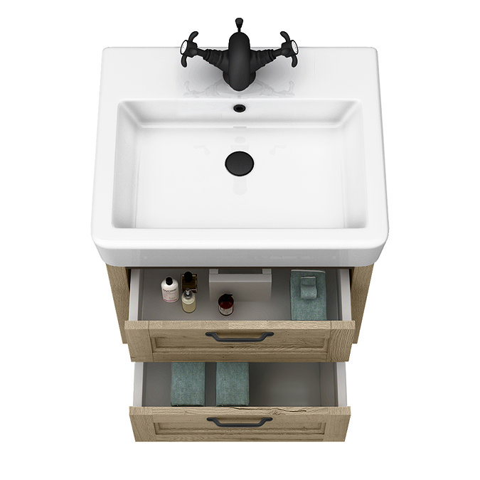 Chatsworth 560mm Wall Hung Vanity Unit – Natural Oak, 2 Drawers, Matt Black Handles