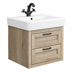 Chatsworth 560mm Wall Hung Vanity Unit – Natural Oak, 2 Drawers, Matt Black Handles