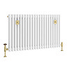 Chatsworth 600 x 1010mm Cast Iron Style 3 Column White Radiator - Brushed Brass Wall Stay Brackets and Thermostatic Valves