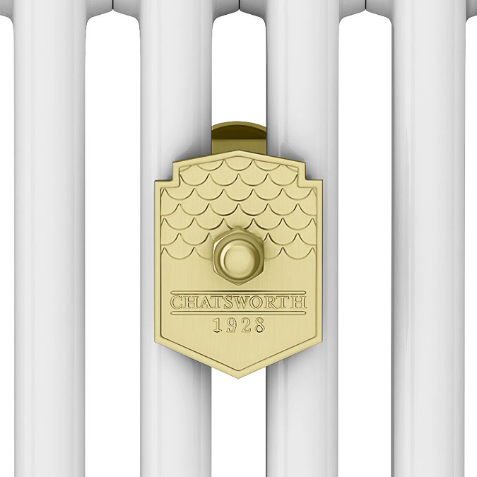 Chatsworth 600 x 1010mm Cast Iron Style 3 Column White Radiator - Brushed Brass Wall Stay Brackets and Thermostatic Valves
