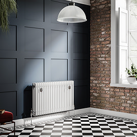 Chatsworth 600 x 1010mm Cast Iron Style 3 Column White Radiator - Chrome Wall Stay Brackets and Thermostatic Valves