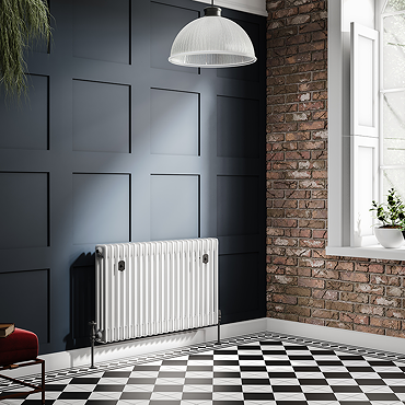 Chatsworth 600 x 1010mm Cast Iron Style 3 Column White Radiator - Mayt Black Wall Stay Brackets and Thermostatic Valves