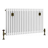 Chatsworth 600 x 1010mm Cast Iron Style 3 Column White Radiator - Rustic Brass Wall Stay Brackets and Thermostatic Valves