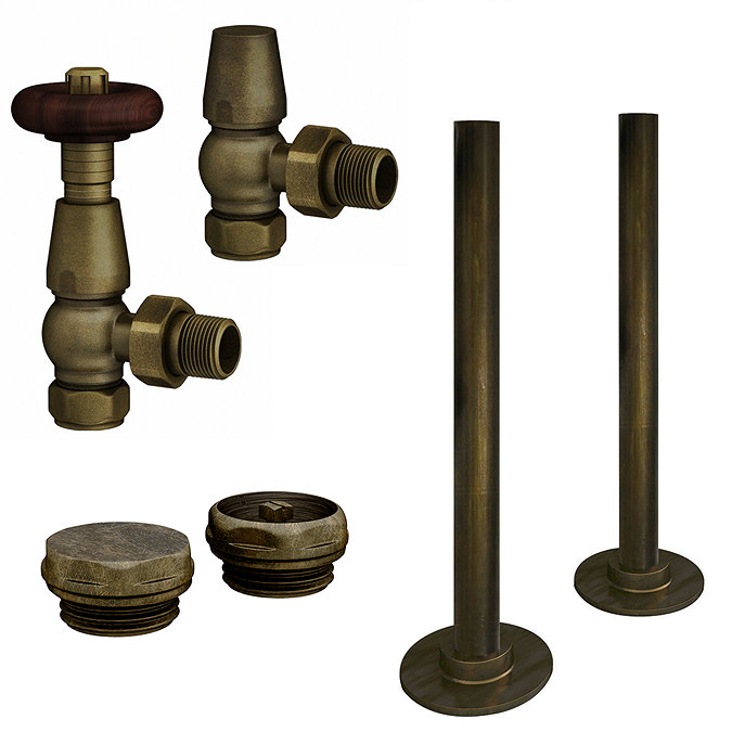 Chatsworth 600 x 1010mm Cast Iron Style 3 Column White Radiator - Rustic Brass Wall Stay Brackets and Thermostatic Valves