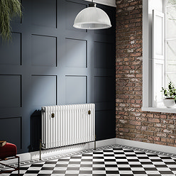 Chatsworth 600 x 1010mm Cast Iron Style 3 Column White Radiator - Rustic Brass Wall Stay Brackets and Thermostatic Valves