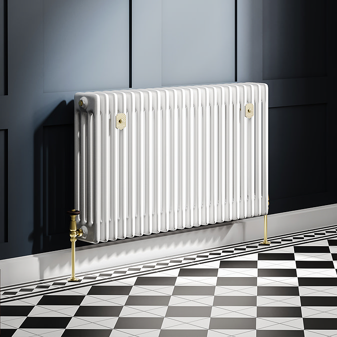Chatsworth 600 x 1010mm Cast Iron Style 4 Column White Radiator - Brushed Brass Wall Stay Brackets and Thermostatic Valves