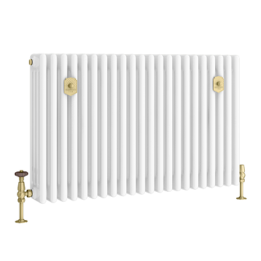 Chatsworth 600 x 1010mm Cast Iron Style 4 Column White Radiator - Brushed Brass Wall Stay Brackets and Thermostatic Valves