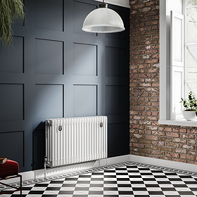 Chatsworth 600 x 1010mm Cast Iron Style 4 Column White Radiator - Chrome Wall Stay Brackets and Thermostatic Valves