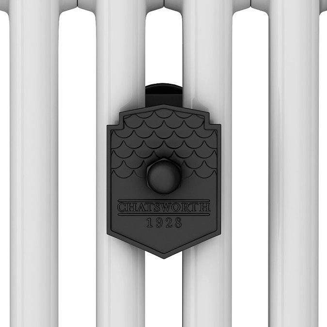 Chatsworth 600 x 1010mm Cast Iron Style 4 Column White Radiator - Matt Black Wall Stay Brackets and Thermostatic Valves