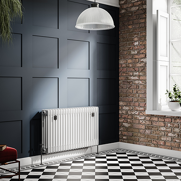 Chatsworth 600 x 1010mm Cast Iron Style 4 Column White Radiator - Matt Black Wall Stay Brackets and Thermostatic Valves