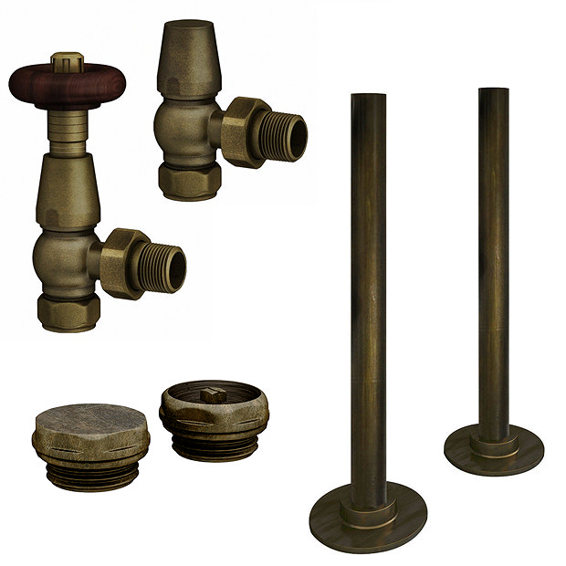 Chatsworth 600 x 1010mm Cast Iron Style 4 Column White Radiator - Rustic Brass Wall Stay Brackets and Thermostatic Valves