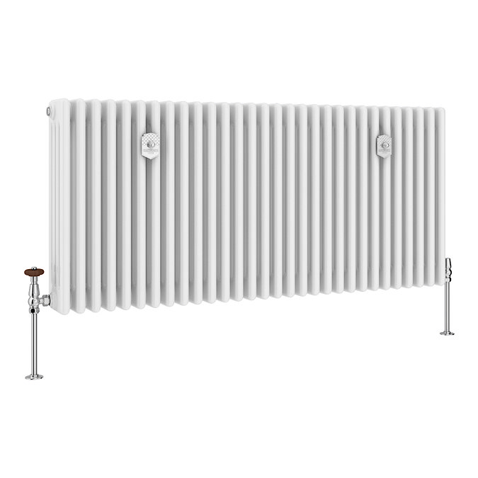Chatsworth 600 x 1370mm Cast Iron Style 4 Column White Radiator - Chrome Wall Stay Brackets and Thermostatic Valves