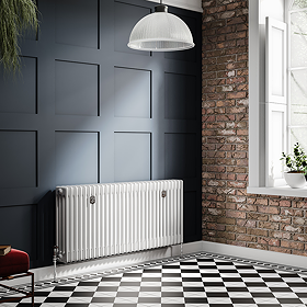 Chatsworth 600 x 1370mm Cast Iron Style 4 Column White Radiator - Chrome Wall Stay Brackets and Thermostatic Valves