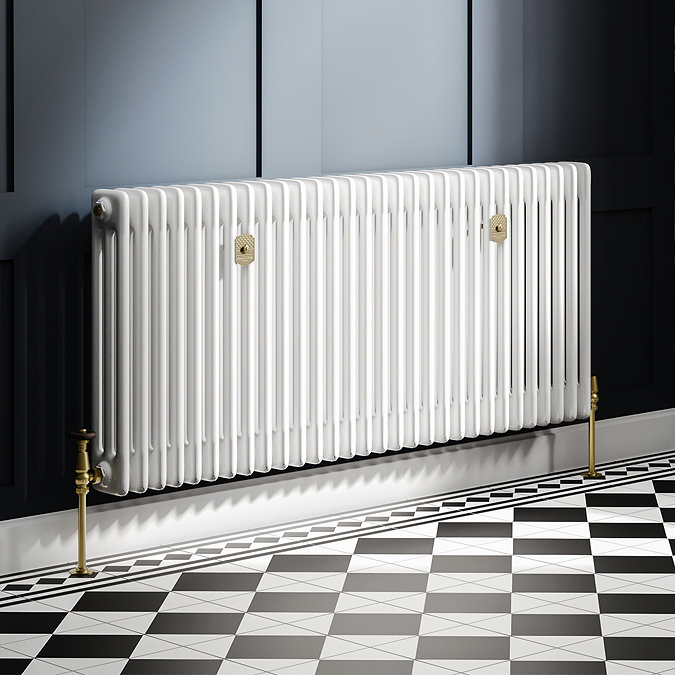Chatsworth 600 x 1370mm Cast Iron Style 3 Column White Radiator - Brushed Brass Wall Stay Brackets and Thermostatic Valves
