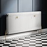 Chatsworth 600 x 1370mm Cast Iron Style 3 Column White Radiator - Brushed Brass Wall Stay Brackets and Thermostatic Valves