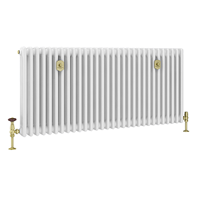 Chatsworth 600 x 1370mm Cast Iron Style 3 Column White Radiator - Brushed Brass Wall Stay Brackets and Thermostatic Valves