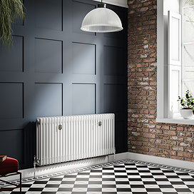 Chatsworth 600 x 1370mm Cast Iron Style 3 Column White Radiator - Chrome Wall Stay Brackets and Thermostatic Valves