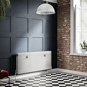 Chatsworth 600 x 1370mm Cast Iron Style 3 Column White Radiator - Chrome Wall Stay Brackets and Thermostatic Valves