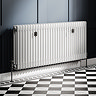 Chatsworth 600 x 1370mm Cast Iron Style 3 Column White Radiator - Matt Black Wall Stay Brackets and Thermostatic Valves