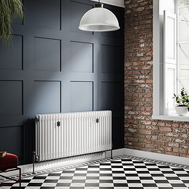 Chatsworth 600 x 1370mm Cast Iron Style 3 Column White Radiator - Matt Black Wall Stay Brackets and Thermostatic Valves