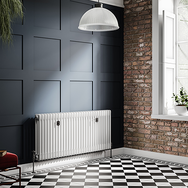 Chatsworth 600 x 1370mm Cast Iron Style 3 Column White Radiator - Matt Black Wall Stay Brackets and Thermostatic Valves