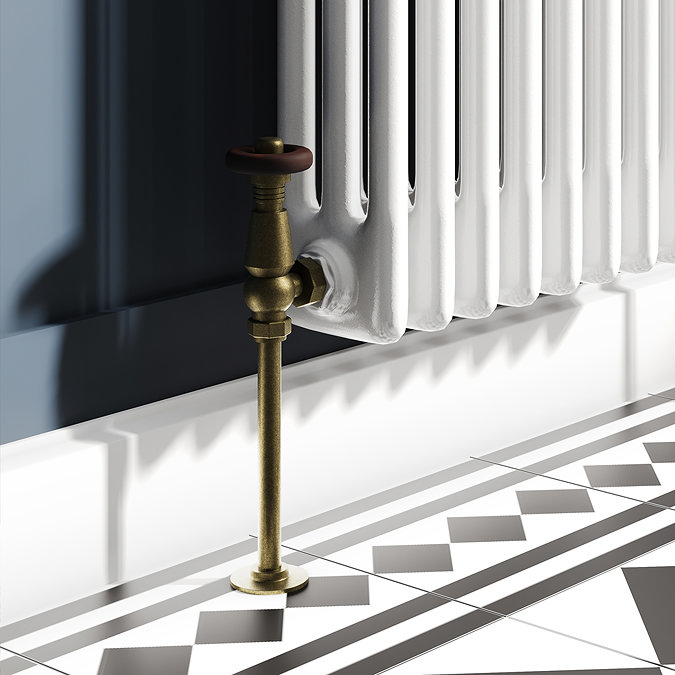 Chatsworth 600 x 1370mm Cast Iron Style 3 Column White Radiator - Rustic Brass Wall Stay Brackets and Thermostatic Valves