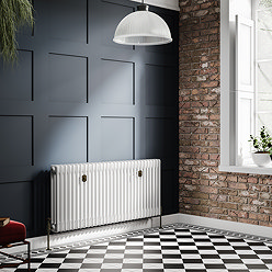 Chatsworth 600 x 1370mm Cast Iron Style 3 Column White Radiator - Rustic Brass Wall Stay Brackets and Thermostatic Valves