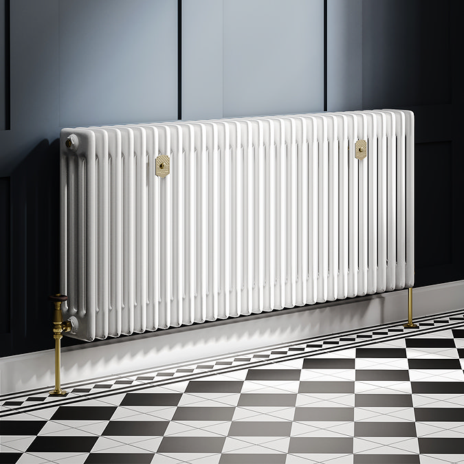 Chatsworth 600 x 1370mm Cast Iron Style 4 Column White Radiator - Brushed Brass Wall Stay Brackets and Thermostatic Valves