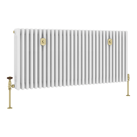 Chatsworth 600 x 1370mm Cast Iron Style 4 Column White Radiator - Brushed Brass Wall Stay Brackets and Thermostatic Valves