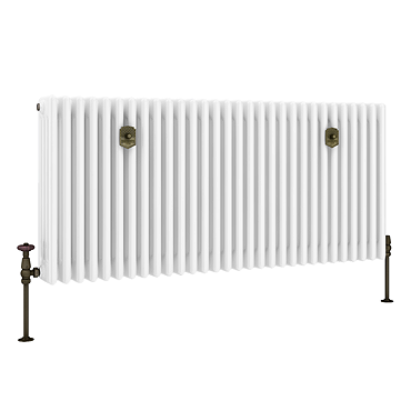 Chatsworth 600 x 1370mm Cast Iron Style 4 Column White Radiator - Rustic Brass Wall Stay Brackets and Thermostatic Valves