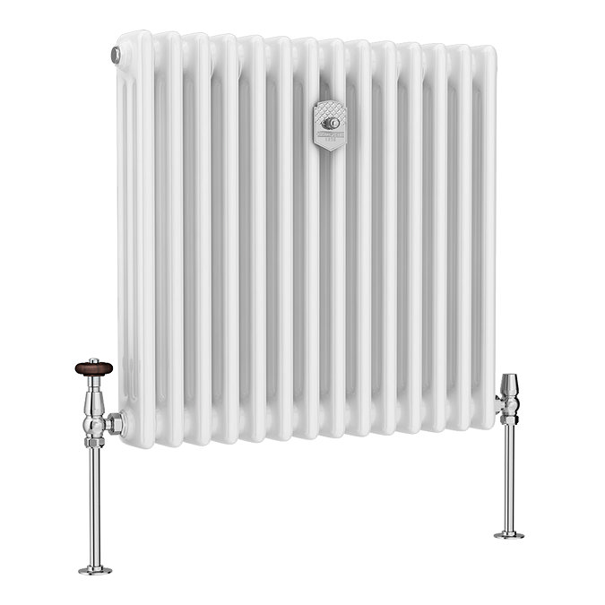 Chatsworth 600 x 605mm Cast Iron Style 3 Column White Radiator - Chrome Wall Stay Bracket and Thermostatic Valves