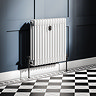 Chatsworth 600 x 605mm Cast Iron Style 3 Column White Radiator - Matt Black Wall Stay Bracket and Thermostatic Valves