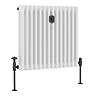 Chatsworth 600 x 605mm Cast Iron Style 3 Column White Radiator - Matt Black Wall Stay Bracket and Thermostatic Valves