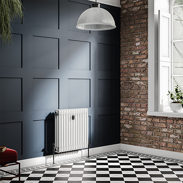 Chatsworth 600 x 605mm Cast Iron Style 3 Column White Radiator - Matt Black Wall Stay Bracket and Thermostatic Valves