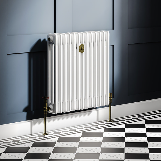 Chatsworth 600 x 605mm Cast Iron Style 3 Column White Radiator - Rustic Brass Wall Stay Bracket and Thermostatic Valves