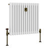 Chatsworth 600 x 605mm Cast Iron Style 3 Column White Radiator - Rustic Brass Wall Stay Bracket and Thermostatic Valves