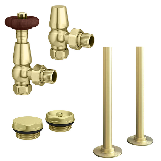 Chatsworth 600 x 605mm Cast Iron Style 4 Column White Radiator - Brushed Brass Wall Stay Bracket and Thermostatic Valves