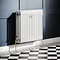 Chatsworth 600 x 605mm Cast Iron Style 4 Column White Radiator - Brushed Brass Wall Stay Bracket and Thermostatic Valves
